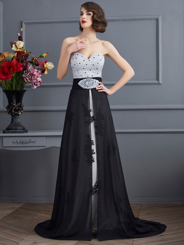 A-Line/Princess Sweetheart Sleeveless Beading Long Chiffon Dresses 5037