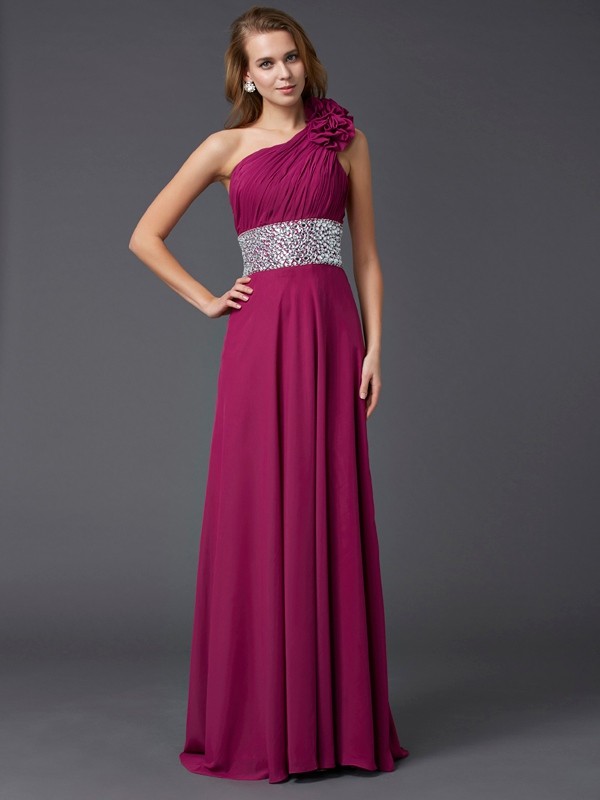 A-Line/Princess One-Shoulder Sleeveless Beading Long Chiffon Dresses 3892