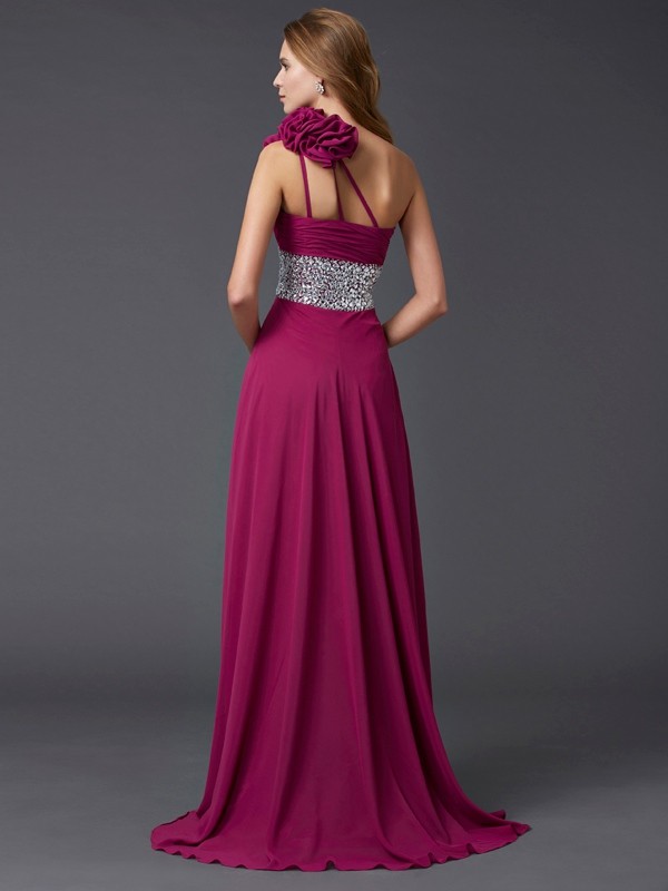 A-Line/Princess One-Shoulder Sleeveless Beading Long Chiffon Dresses 3892