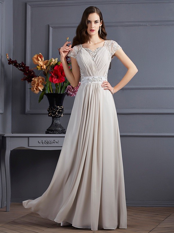 A-Line/Princess Sweetheart Short Sleeves Beading Long Chiffon Dresses 5013