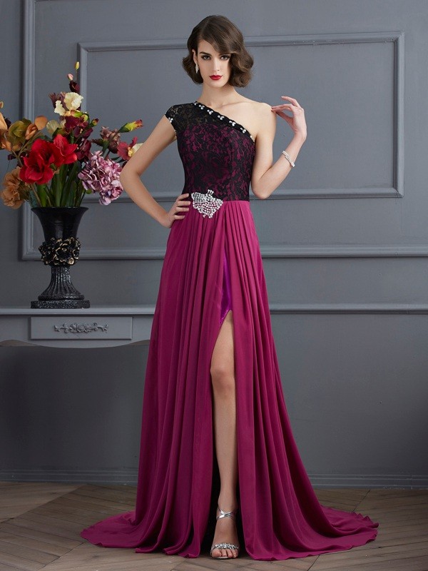 A-Line/Princess One-Shoulder Sleeveless Lace Long Chiffon Dresses 3909