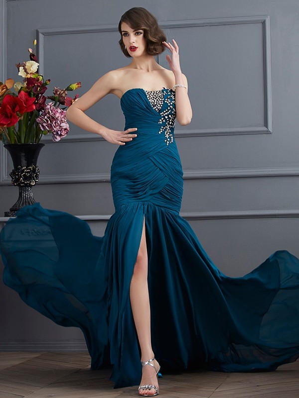 Trumpet/Mermaid Strapless Sleeveless Beading Applique Long Chiffon Dresses 7417