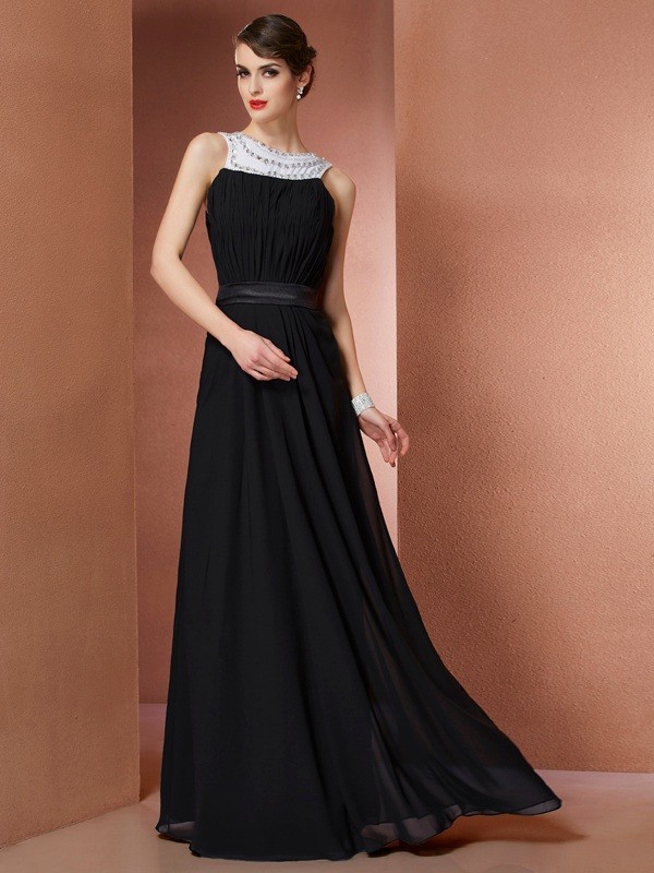 Sheath/Column Scoop Sleeveless Beading Long Chiffon Dresses 6392