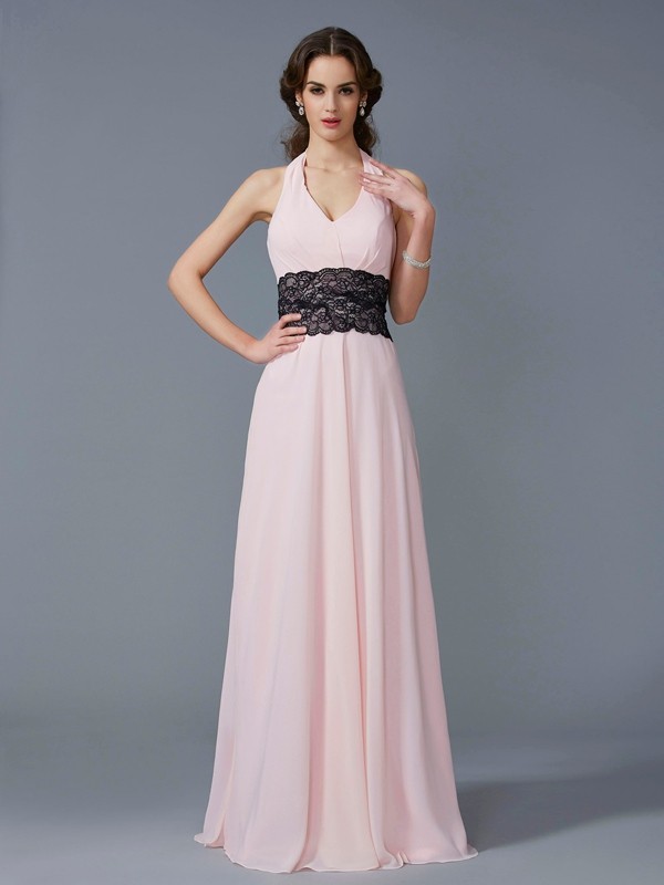 A-Line/Princess Halter Sleeveless Applique Long Chiffon Dresses 3580