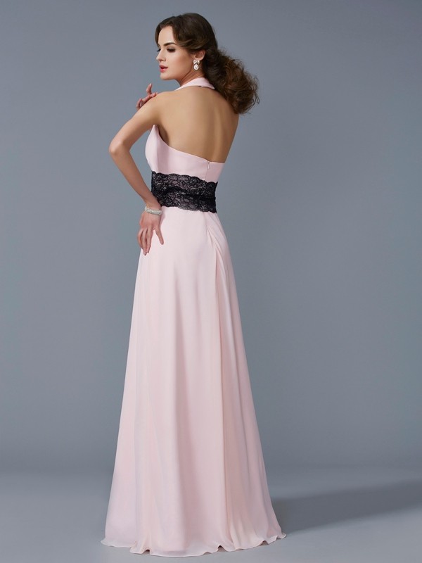 A-Line/Princess Halter Sleeveless Applique Long Chiffon Dresses 3580