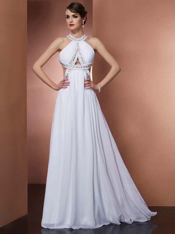 A-Line/Princess Bateau Sleeveless Beading Long Chiffon Dresses 3391