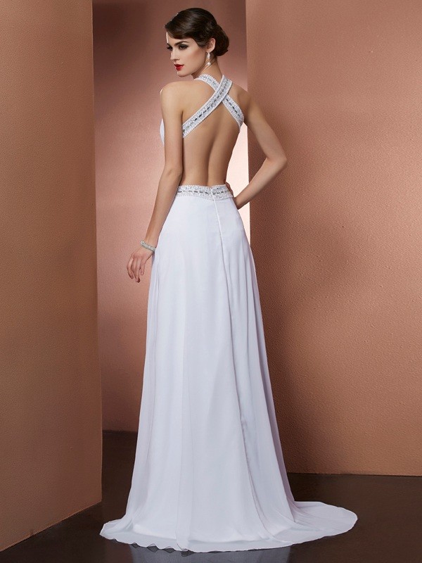 A-Line/Princess Bateau Sleeveless Beading Long Chiffon Dresses 3391