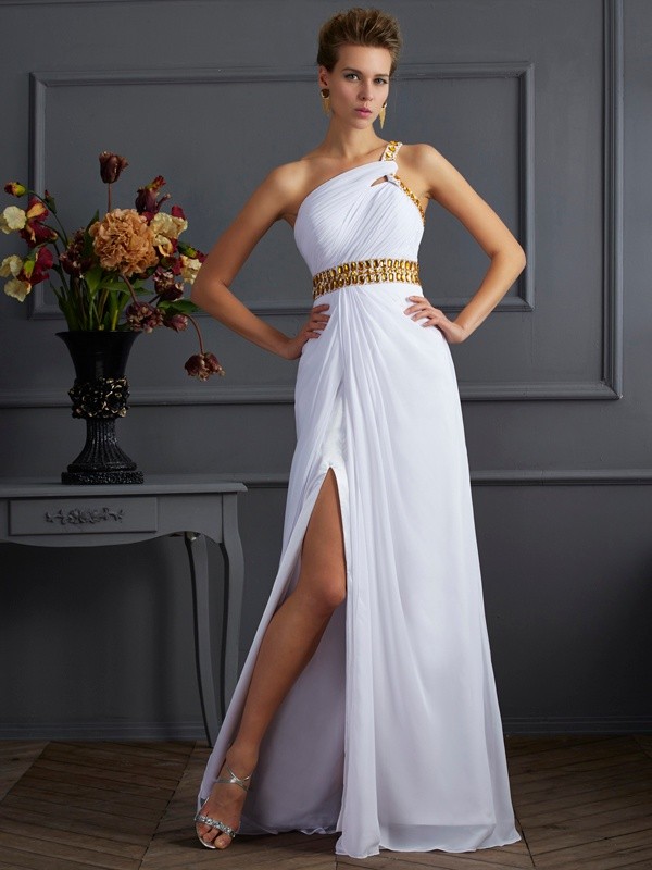 A-Line/Princess One-Shoulder Sleeveless Beading Long Chiffon Dresses 3893