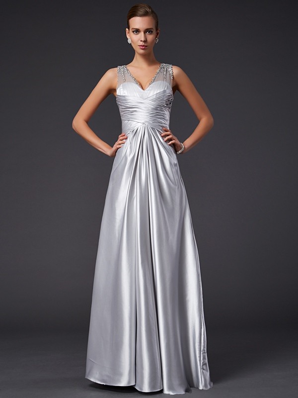 A-Line/Princess V-neck Sleeveless Beading Long Elastic Woven Satin Dresses 5524