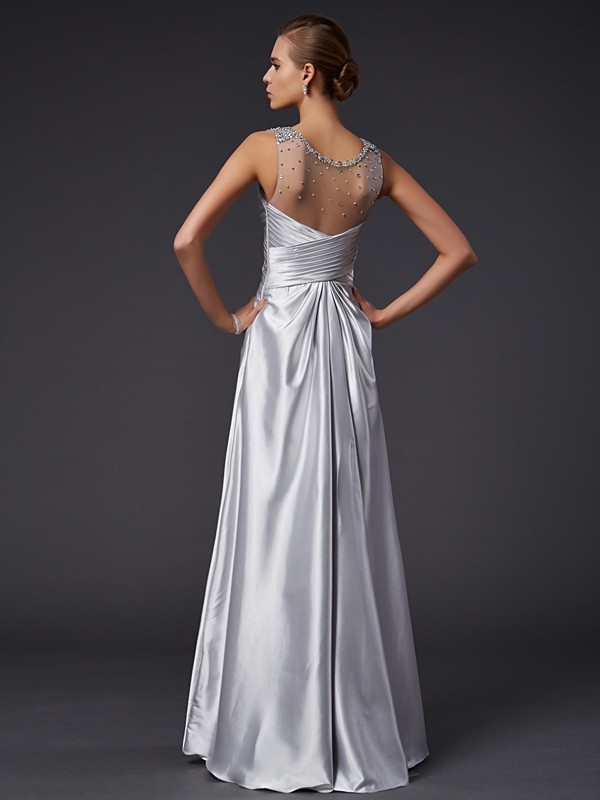 A-Line/Princess V-neck Sleeveless Beading Long Elastic Woven Satin Dresses 5524