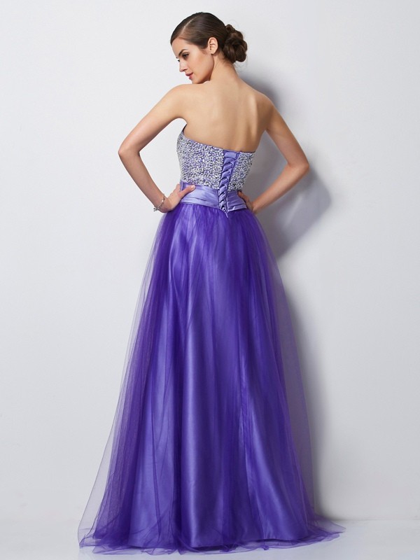 A-Line/Princess Sweetheart Sleeveless Beading Long Net Dresses 5063