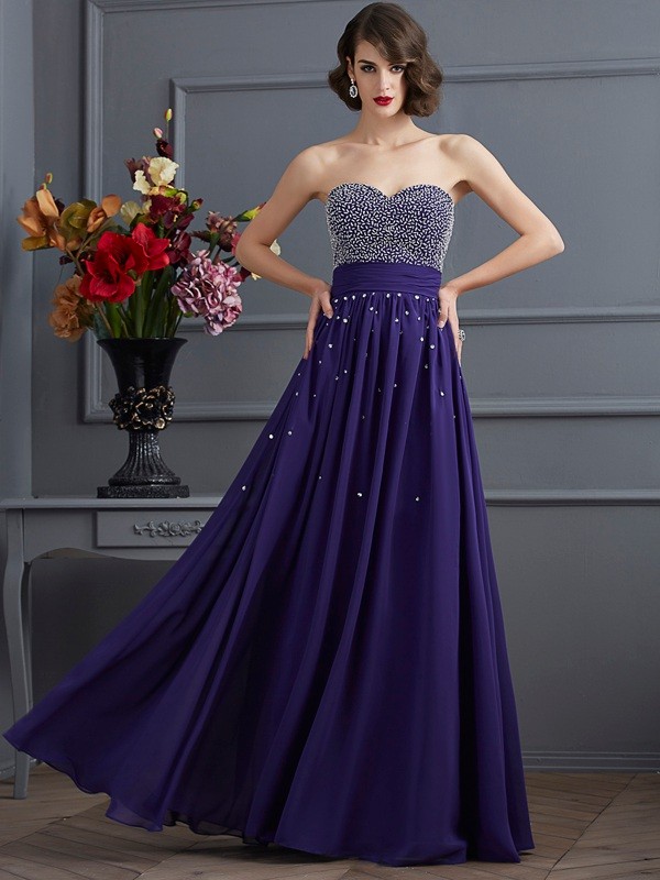 A-Line/Princess Sweetheart Sleeveless Beading Long Chiffon Dresses 5039