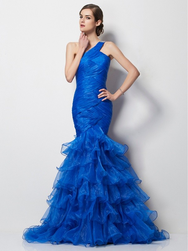 Trumpet/Mermaid One-Shoulder Sleeveless Pleats Long Tulle Dresses 7184