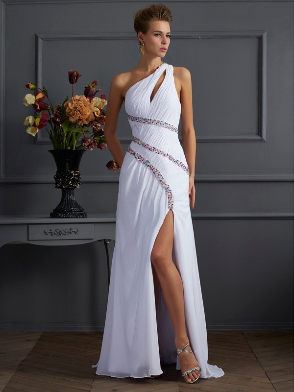 Sheath/Column One-Shoulder Sleeveless Beading Long Chiffon Dresses 6184