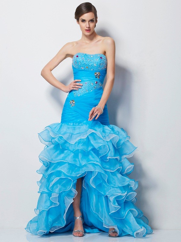 Trumpet/Mermaid Sweetheart Sleeveless Beading High Low Tulle Dresses 7519