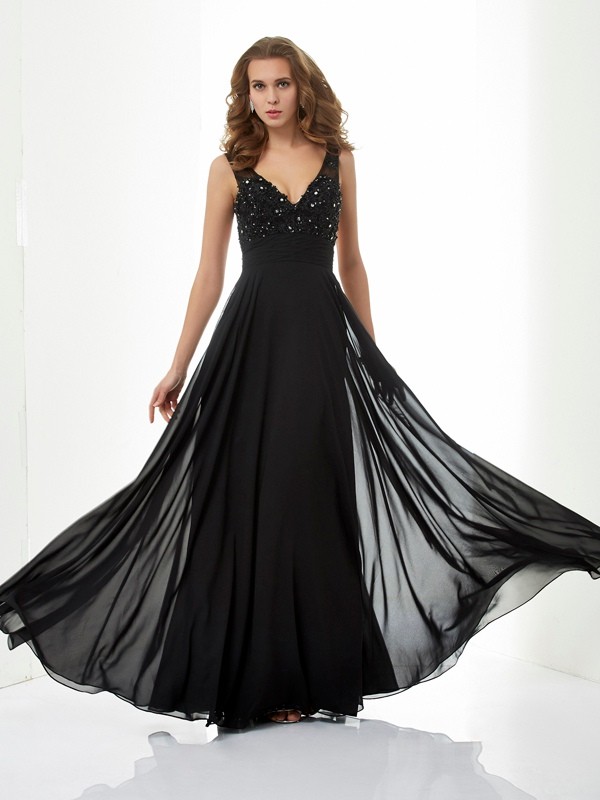 A-Line/Princess V-neck Sleeveless Beading Applique Long Chiffon Dresses 5515