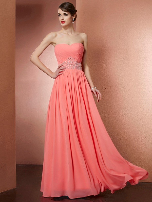 A-Line/Princess Strapless Sleeveless Pleats Beading Long Chiffon Dresses 4783