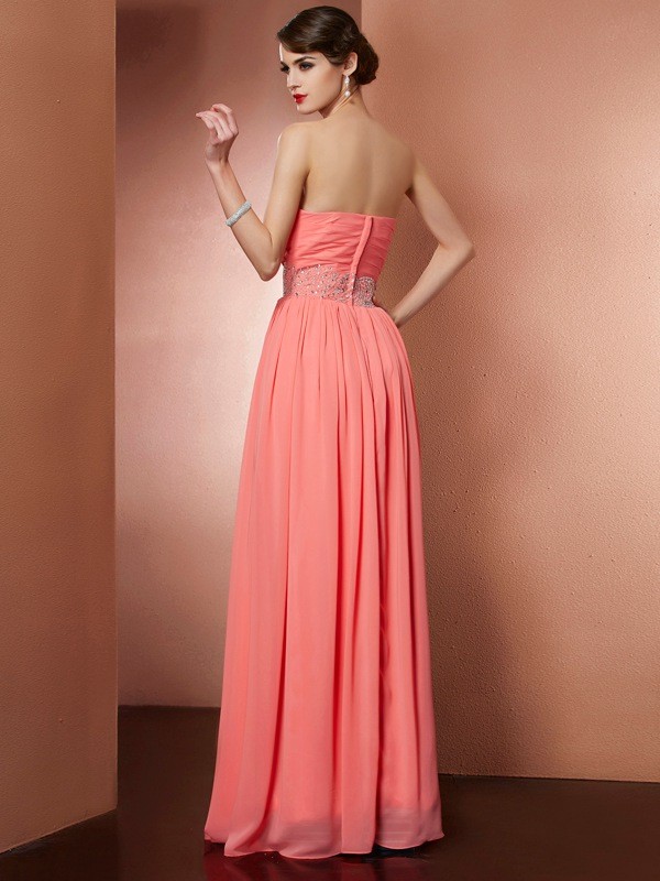 A-Line/Princess Strapless Sleeveless Pleats Beading Long Chiffon Dresses 4783