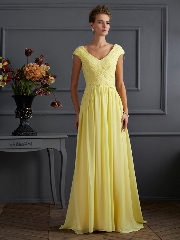 A-Line/Princess V-neck Short Sleeves Pleats Long Chiffon Dresses 5508