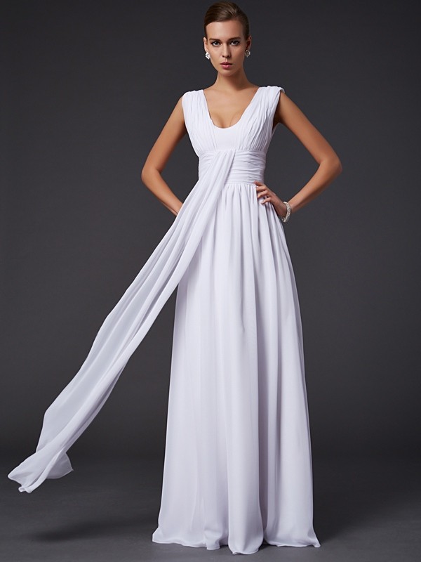 A-Line/Princess Jewel Sleeveless Pleats Long Chiffon Dresses 3700