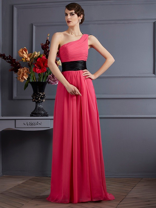 A-Line/Princess One-Shoulder Sleeveless Pleats Long Chiffon Dresses 3925