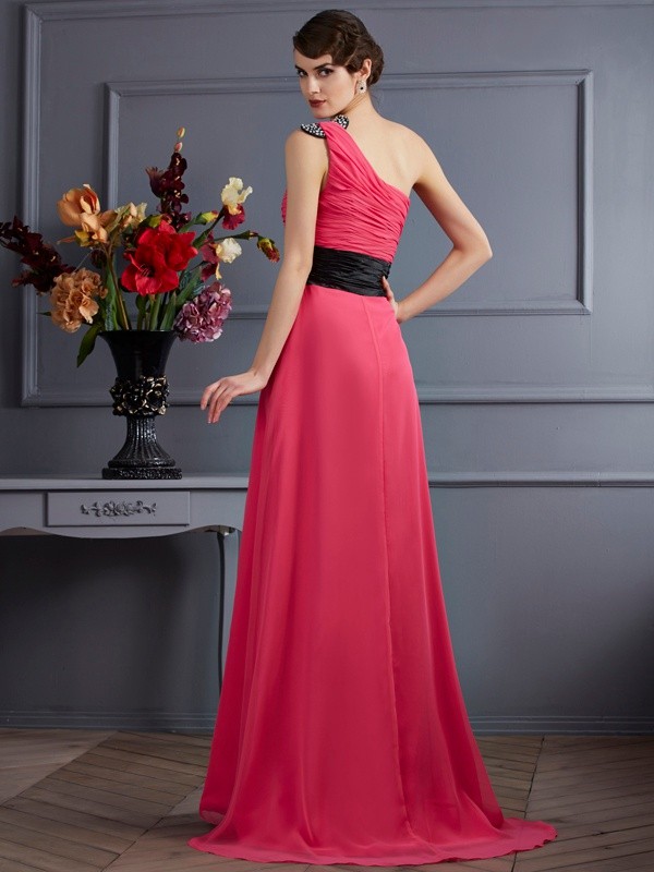 A-Line/Princess One-Shoulder Sleeveless Pleats Long Chiffon Dresses 3925