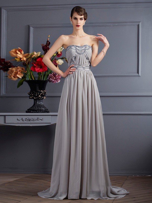 A-Line/Princess Sweetheart Sleeveless Beading Pleats Long Chiffon Dresses 5066