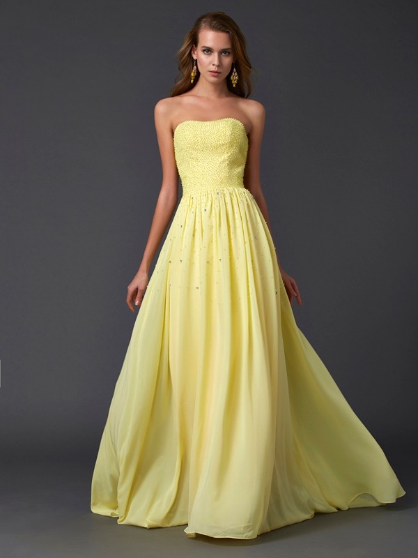 A-Line/Princess Strapless Sleeveless Pleats Long Chiffon Dresses 4784