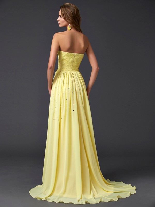 A-Line/Princess Strapless Sleeveless Pleats Long Chiffon Dresses 4784