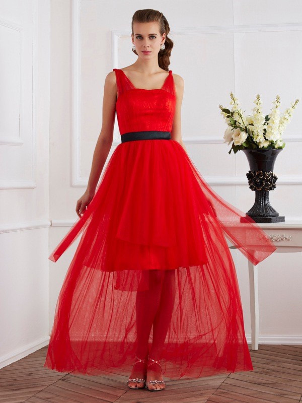 A-Line/Princess Straps Sleeveless Pleats Long Elastic Woven Satin Dresses 4862