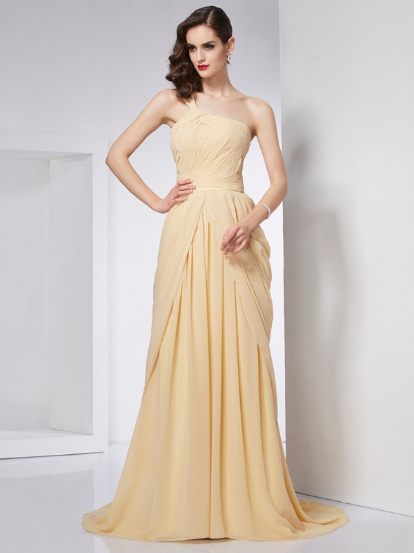 A-Line/Princess One-Shoulder Sleeveless Pleats Long Chiffon Dresses 3926