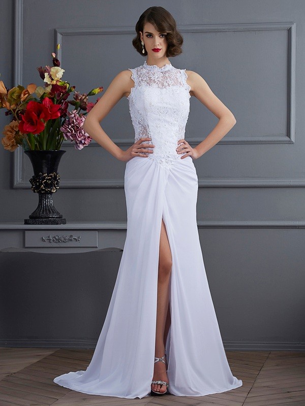 Sheath/Column High Neck Sleeveless Long Chiffon Dresses 5993