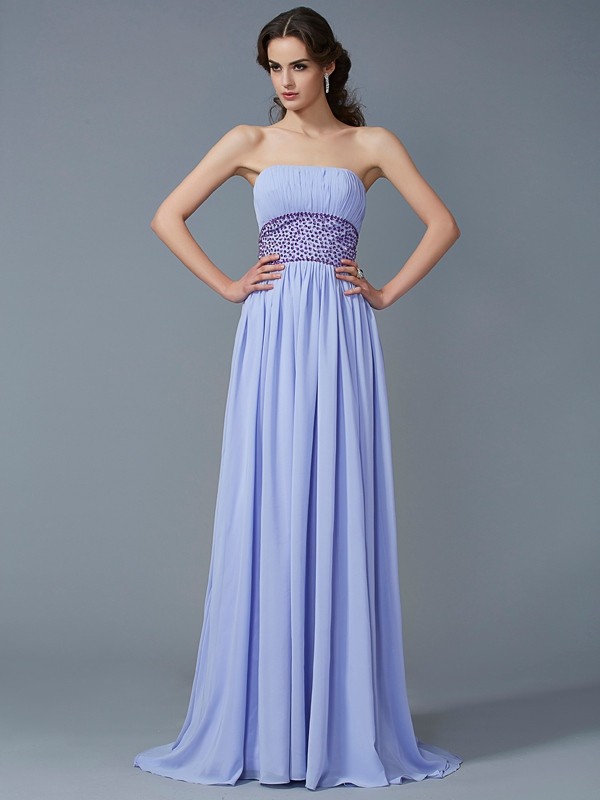 A-Line/Princess Strapless Sleeveless Beading Long Chiffon Dresses 4768