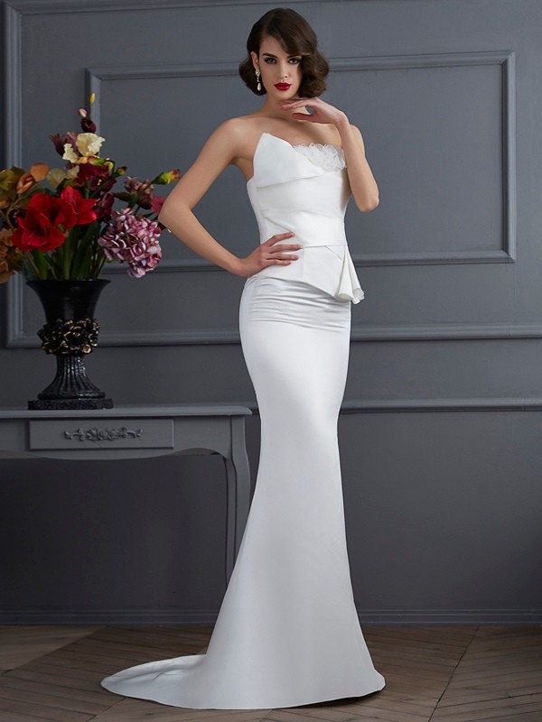 Trumpet/Mermaid Strapless Sleeveless Hand-Made Flower Long Satin Dresses 7425