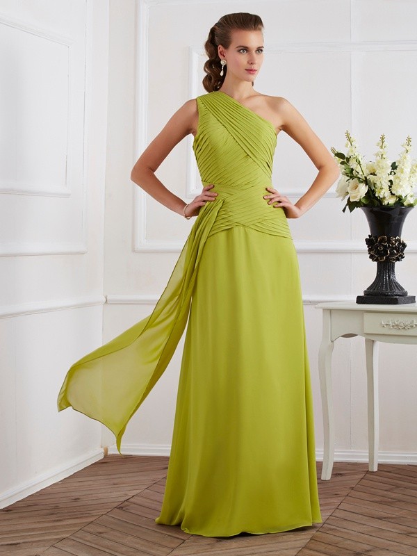 A-Line/Princess One-Shoulder Sleeveless Pleats Long Chiffon Dresses 3927