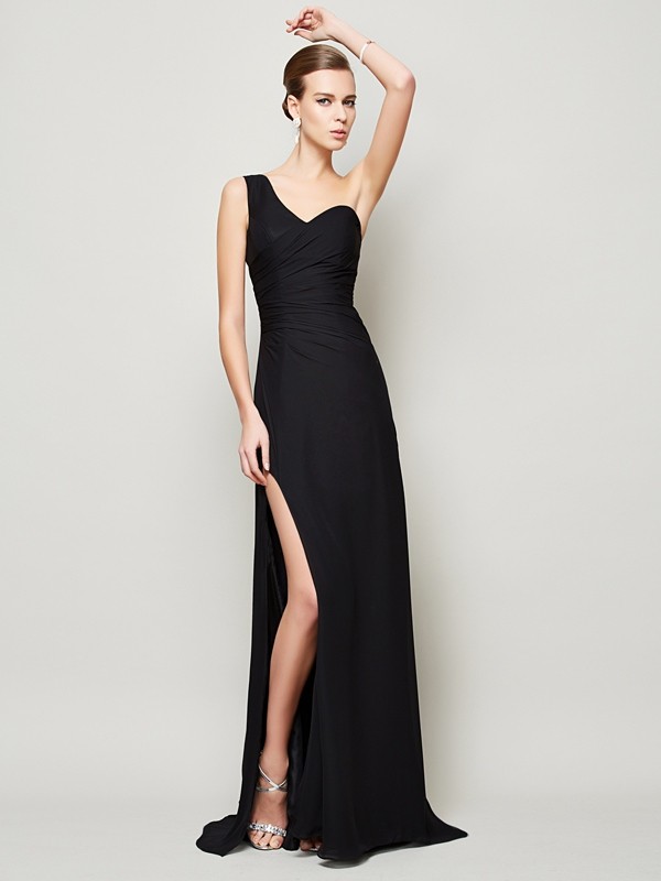 Sheath/Column One-Shoulder Sleeveless Pleats Long Chiffon Dresses 6202