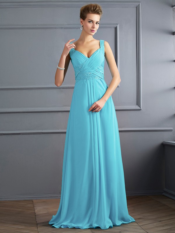 A-Line/Princess Straps Sleeveless Pleats Long Chiffon Dresses 4861