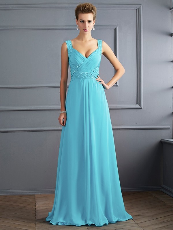 A-Line/Princess Straps Sleeveless Pleats Long Chiffon Dresses 4861