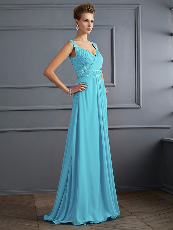 A-Line/Princess Straps Sleeveless Pleats Long Chiffon Dresses 4861