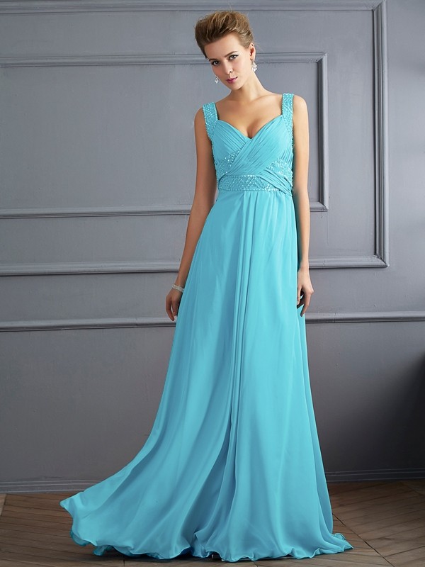 A-Line/Princess Straps Sleeveless Pleats Long Chiffon Dresses 4861