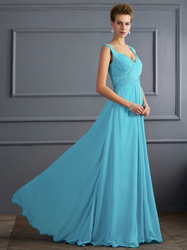 A-Line/Princess Straps Sleeveless Pleats Long Chiffon Dresses 4861