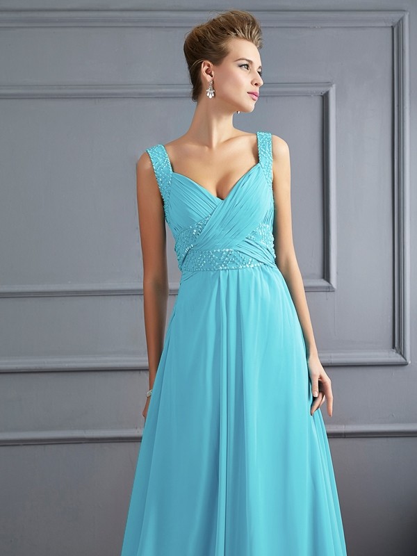 A-Line/Princess Straps Sleeveless Pleats Long Chiffon Dresses 4861