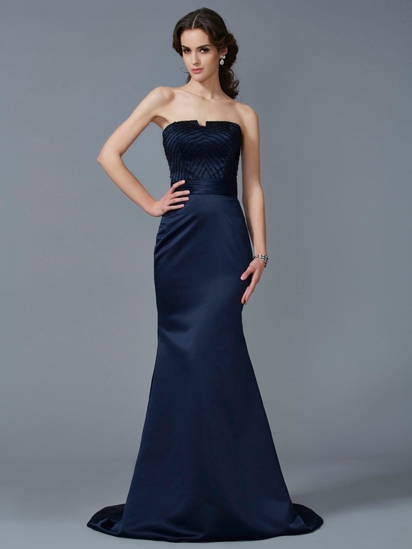 Trumpet/Mermaid Strapless Sleeveless Beading Long Satin Dresses 7421