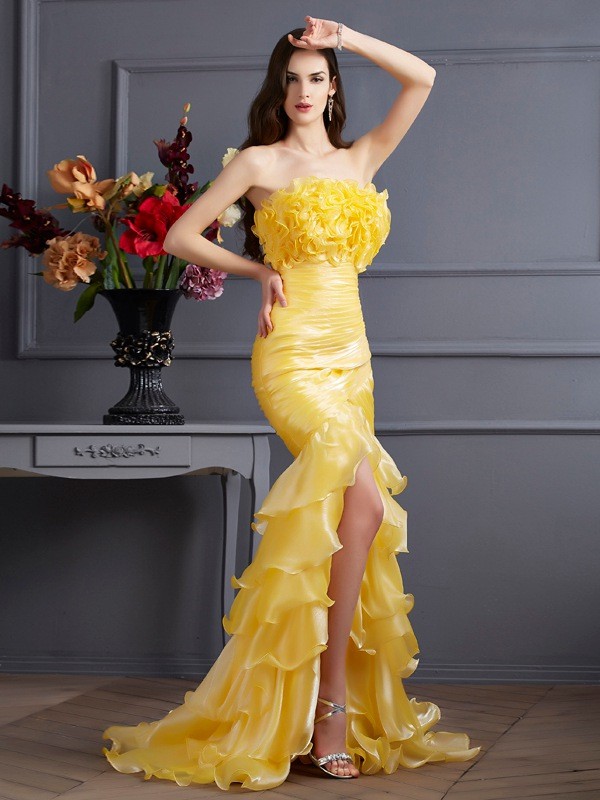 Trumpet/Mermaid Strapless Sleeveless Ruffles Long Tulle Dresses 7429