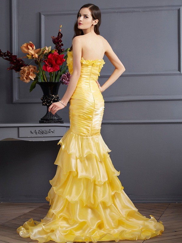 Trumpet/Mermaid Strapless Sleeveless Ruffles Long Tulle Dresses 7429