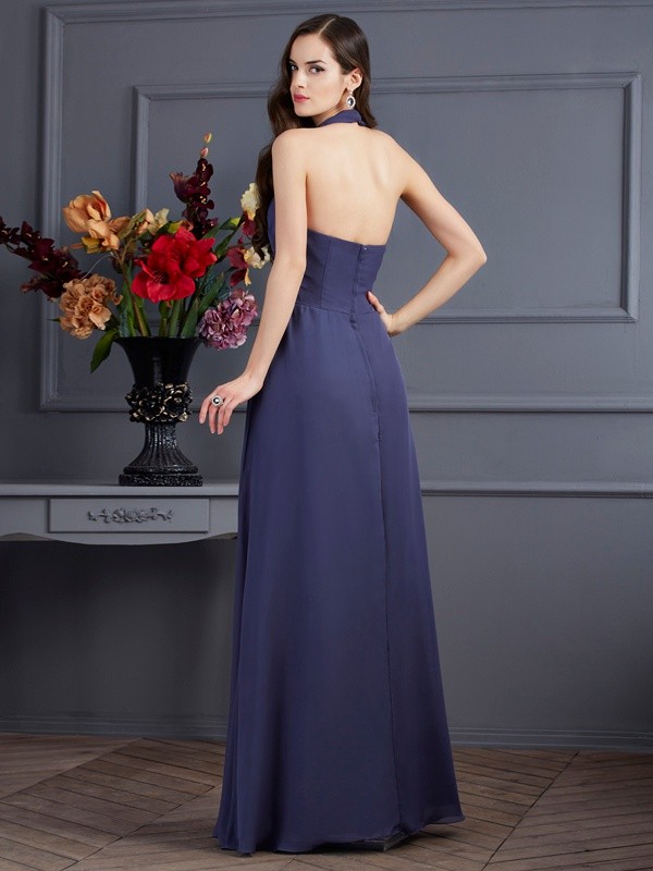 A-Line/Princess Halter Sleeveless Pleats Long Chiffon Dresses 3605