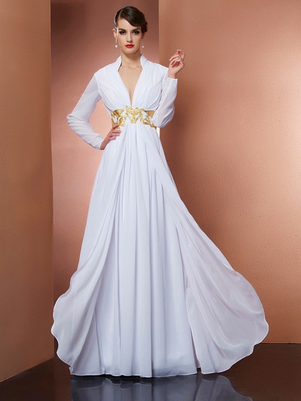 A-Line/Princess V-neck Long Sleeves Long Chiffon Dresses 5468