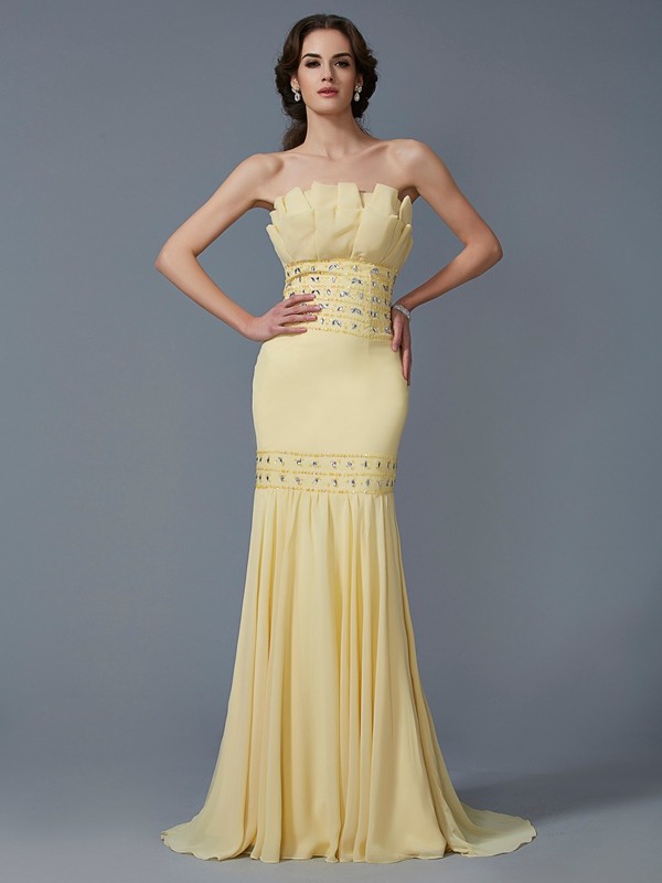 Trumpet/Mermaid Strapless Sleeveless Beading Long Chiffon Dresses 7418