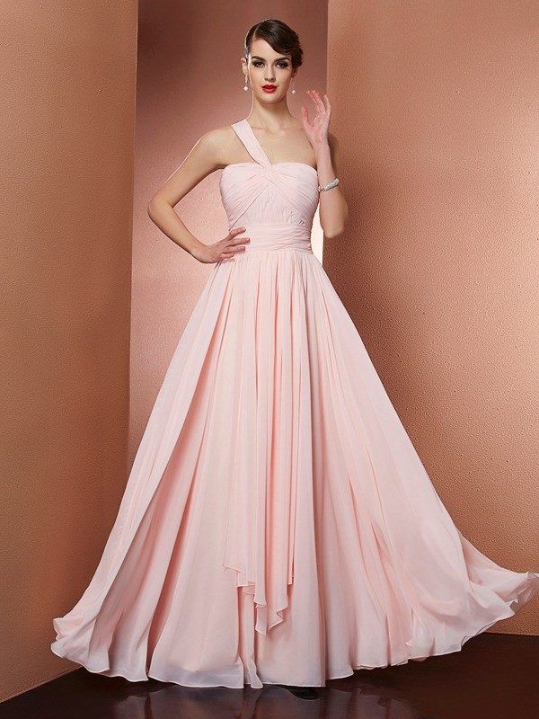 A-Line/Princess One-Shoulder Sleeveless Pleats Long Chiffon Dresses 3930