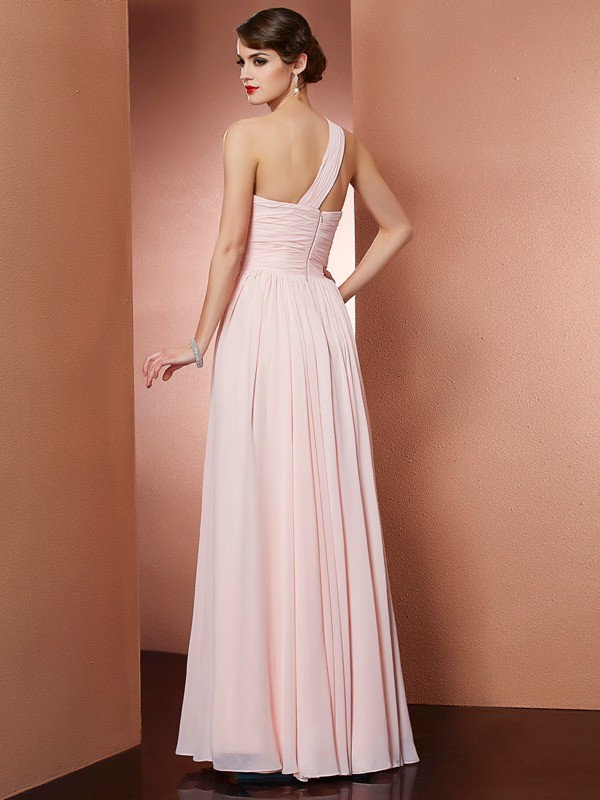 A-Line/Princess One-Shoulder Sleeveless Pleats Long Chiffon Dresses 3930